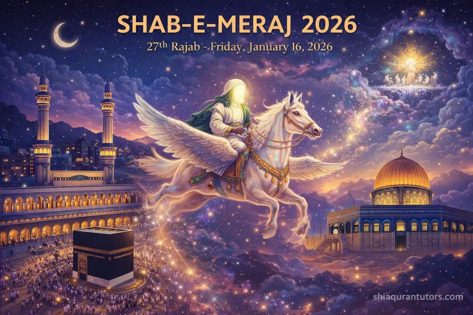 3rd Shaban 2026 – Wiladat Imam Hussain (A.S.) 2 Shab-e-Meraj 2026 illustration showing Isra and Meraj of Prophet Muhammad, 27th Rajab night, Shia Islamic perspective