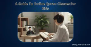 Ayatul Kursi – Arabic, English Translation & Transliteration PDFs 4 A young student wearing headphones and smiling at a laptop screen during online Quran classes for kids with a digital Tajweed tutor.