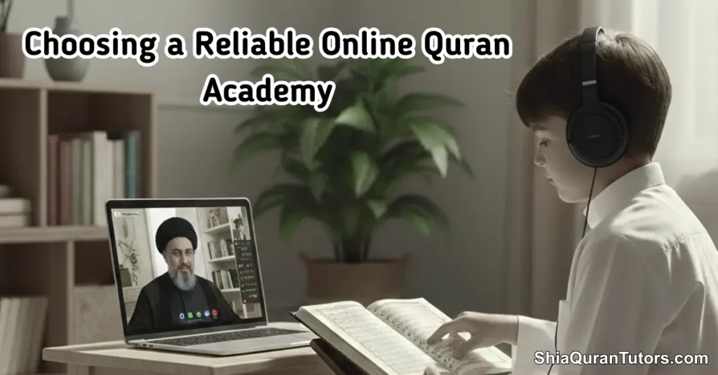 Reliable Online Quran Teaching: A Expert Guide 2 A professional digital dashboard of a Quran academy showing a certified tutor conducting a live 1-on-1 Tajweed session with a student.