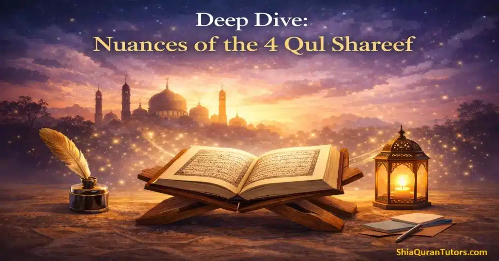 Detailed infographic showcasing the linguistic nuances of the 4 qul shareef in elegant Arabic calligraphy for spiritual protection.