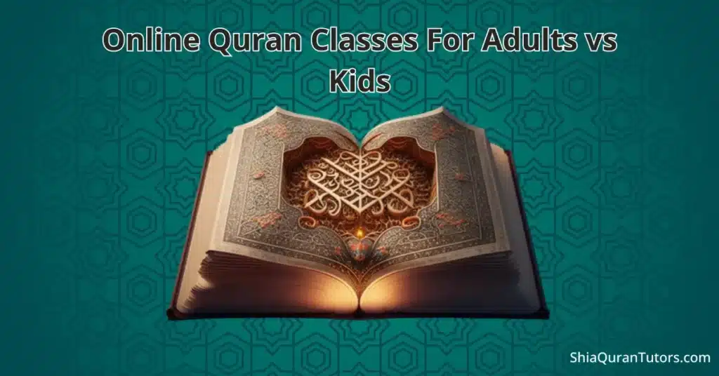 A split-screen image showing a focused adult man using a laptop for a Quran Tajweed lesson on the left, and a young girl smiling while learning Noorani Qaida on a tablet on the right.