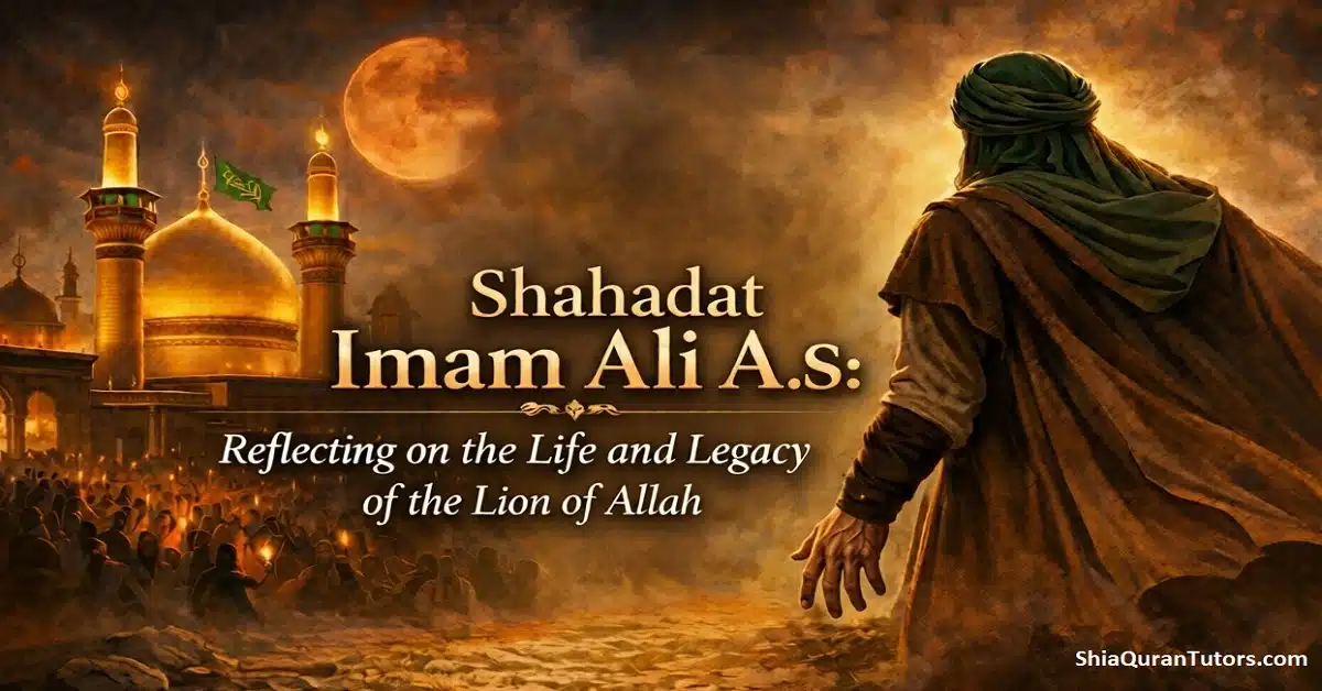 Artistic calligraphy and symbolic imagery commemorating the Shahadat Imam Ali A.S., known as the Lion of Allah.