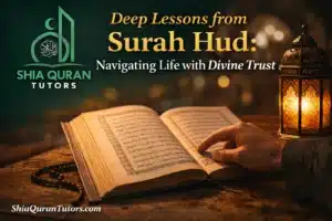 An open Quran on a traditional wooden stand with soft, golden sunlight illuminating the Arabic calligraphy, representing the deep lessons from Surah Hud for navigating life with divine trust."