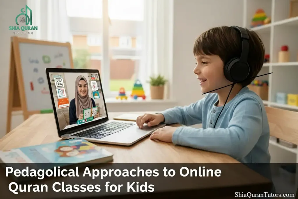 A young student using a laptop to participate in interactive online quran classes for kids through the shiaqurantutors learning portal.