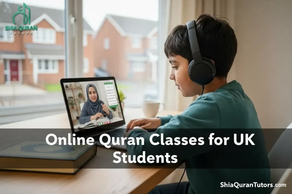 A student in London attending interactive online quran classes through the shiaqurantutors digital learning portal.
