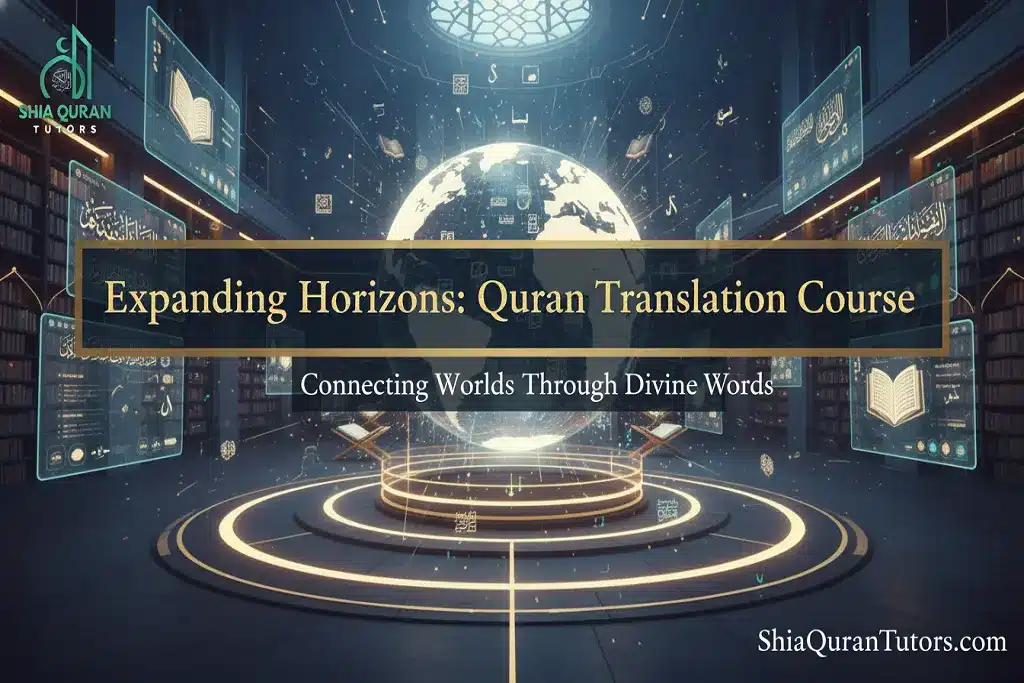 A digital interface showing Arabic text and English translation used during a Quran recitation online session with a Shia tutor.