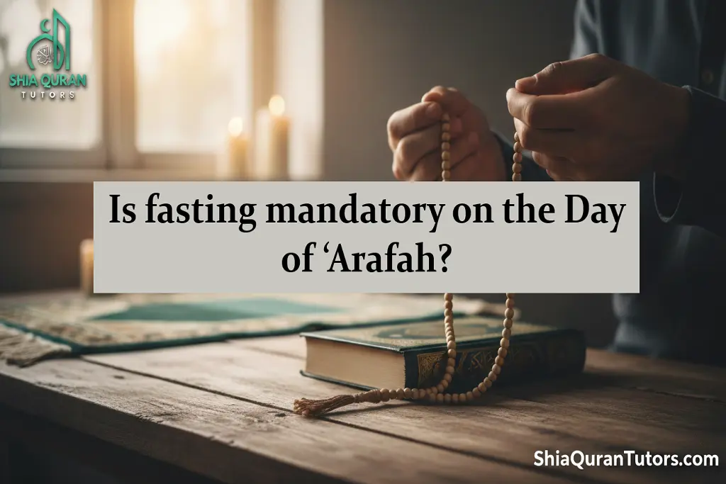 A peaceful background with an open Quran and prayer beads, symbolizing worship and reflection on the sacred Day of ‘Arafah.