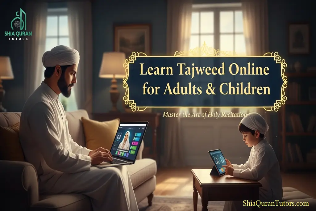 An adult and a child sitting together using a laptop to learn Tajweed online with a professional Quran teacher.