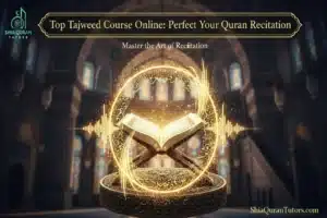 A focused student practicing Quran recitation through the top Tajweed course online using a laptop with a professional tutor on screen.