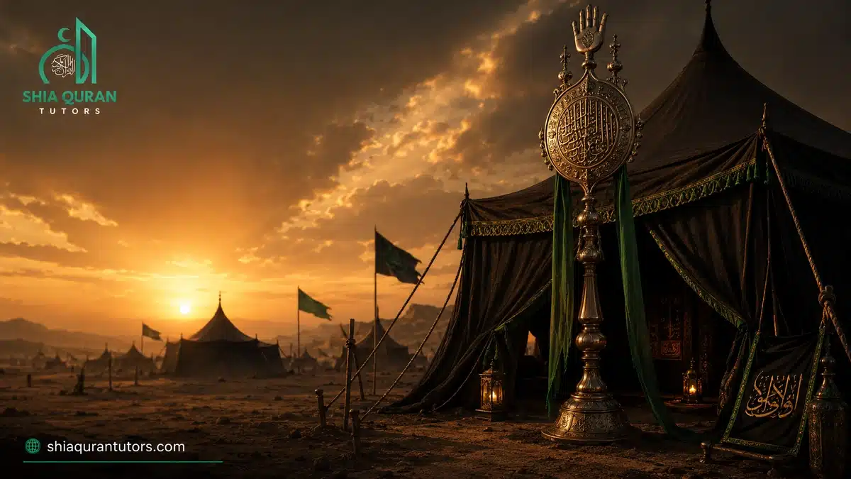 Open Quran, tasbih, lantern and Imam Hussain shrine for Aamal of Ashura and Ziyarat Ashura