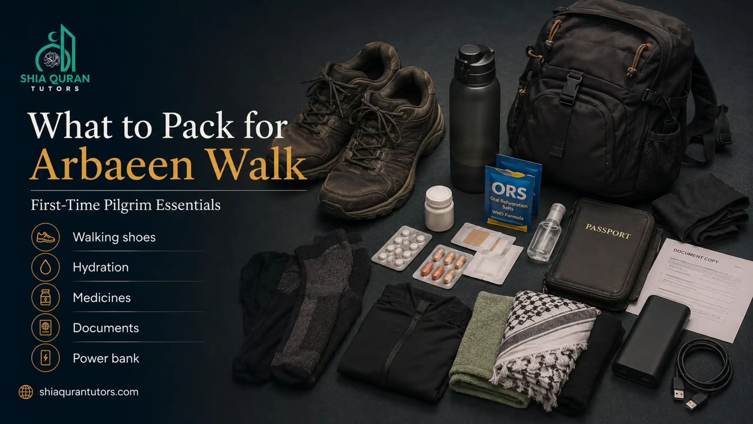 Essential items to pack for the Najaf to Karbala walk, including shoes, water, medicines, documents and a power bank