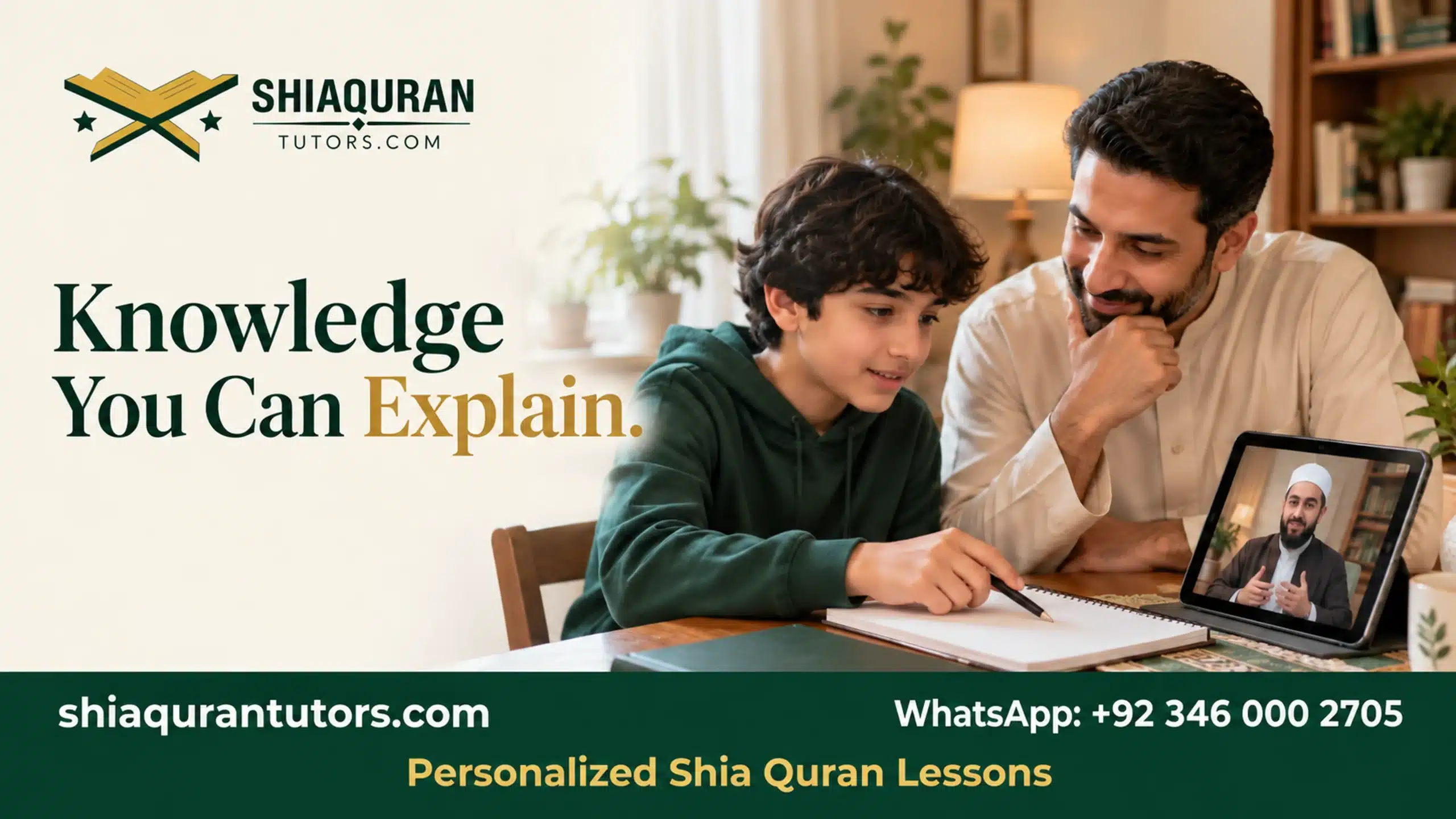 Father and son discussing an Islamic lesson with a teacher on a tablet