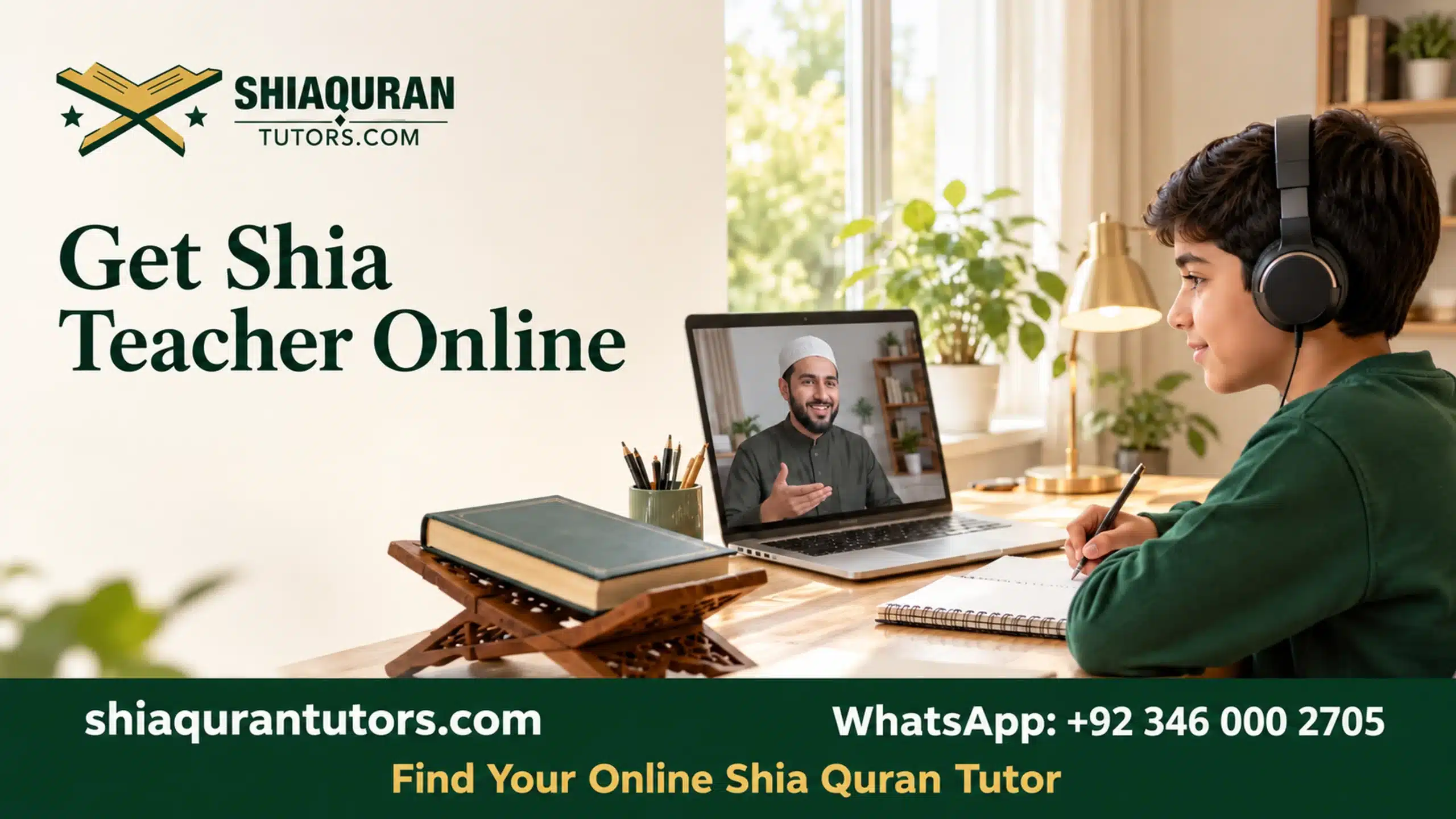 Laptop headphones closed Quran and notebook prepared for an online lesson