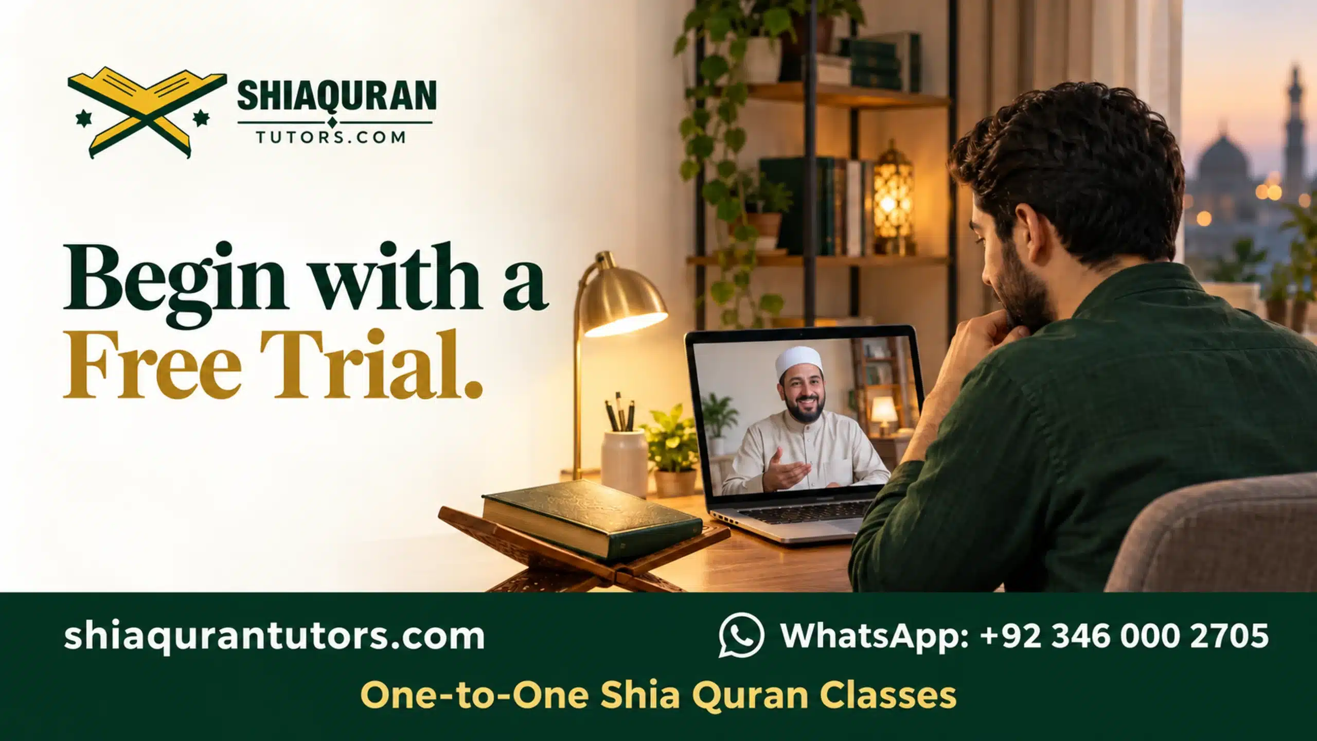 Hire Shia Quran Teacher Using a Practical Selection Checklist 3 Adult learner attending an online Quran lesson at an evening desk