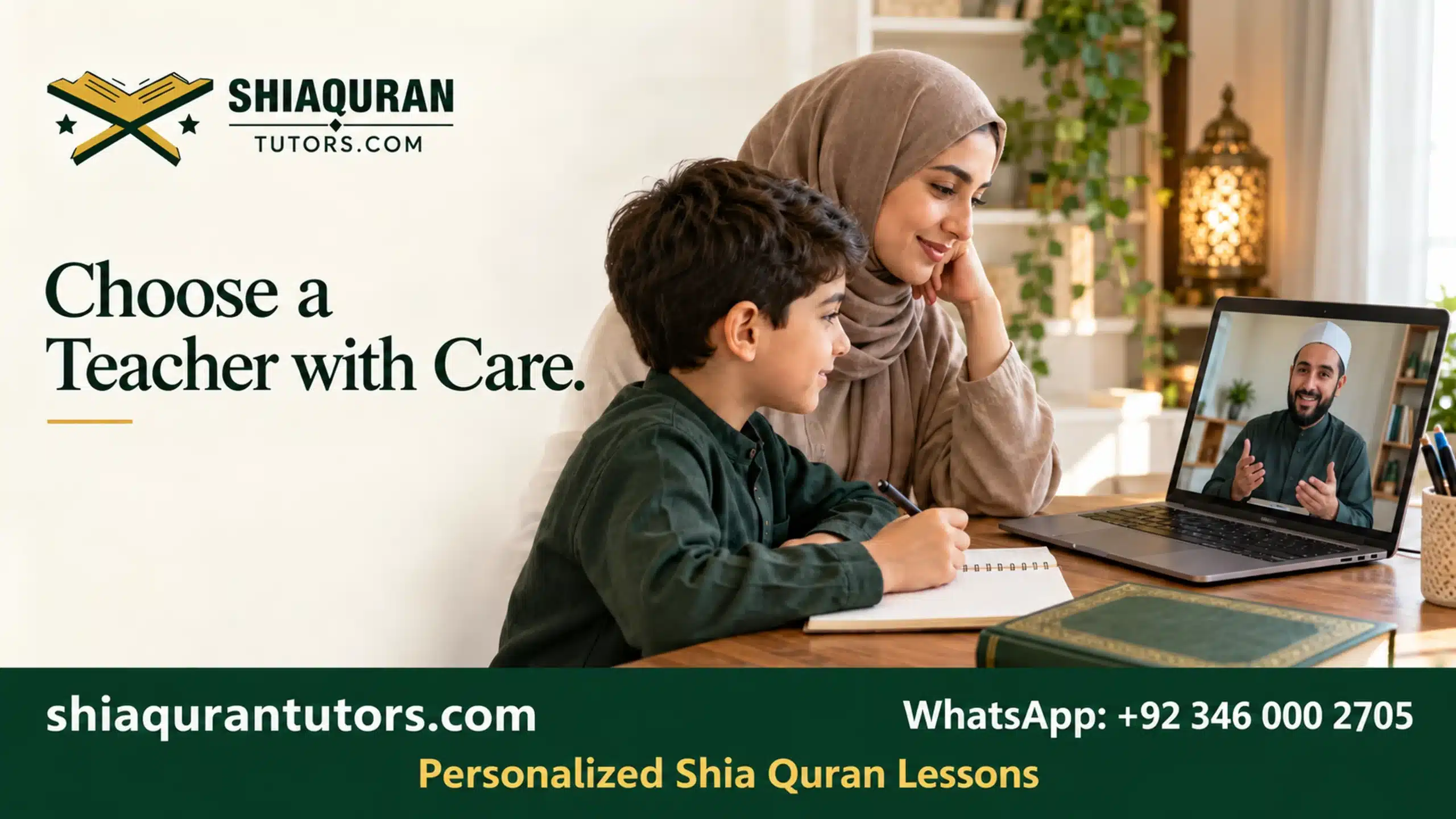 Hire Shia Quran Teacher Using a Practical Selection Checklist 2 Mother observing her son during a private online Quran lesson