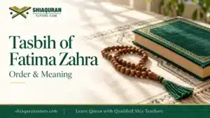 The Spiritual Meaning of “Bismillah” – Beginning with the Name of Allah 3 Prayer beads beside a closed green book for a Tasbih of Fatima Zahra guide